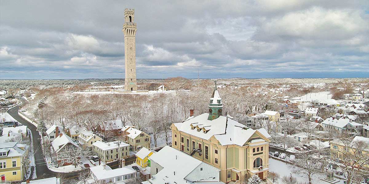 aerial view of Provincetown covered in snow