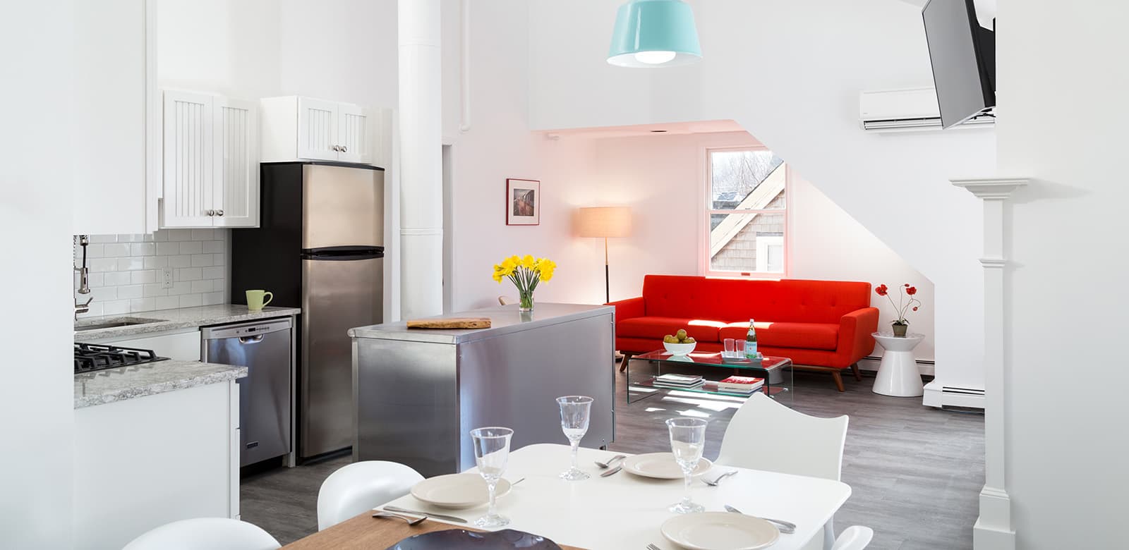 View of open Dining, Kitchen, and Living Area
