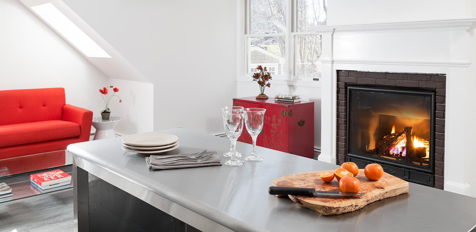 Gas Fireplace in Living Room and Kitchen area