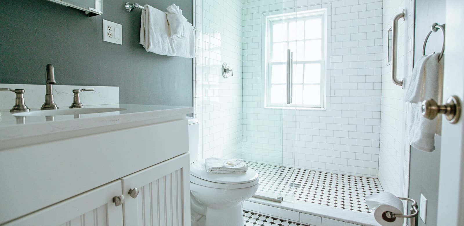 Walk-in shower in renovated Dorothea Dix bathroom