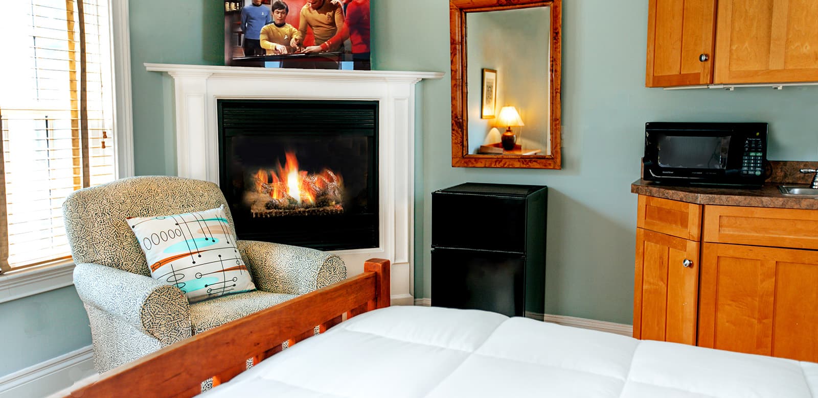 Love seat by the fireplace at our lodging, Dorothea Dix