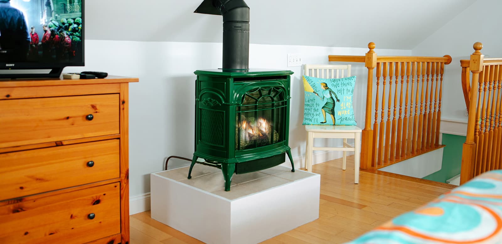 Agatha Christie in room fireplace