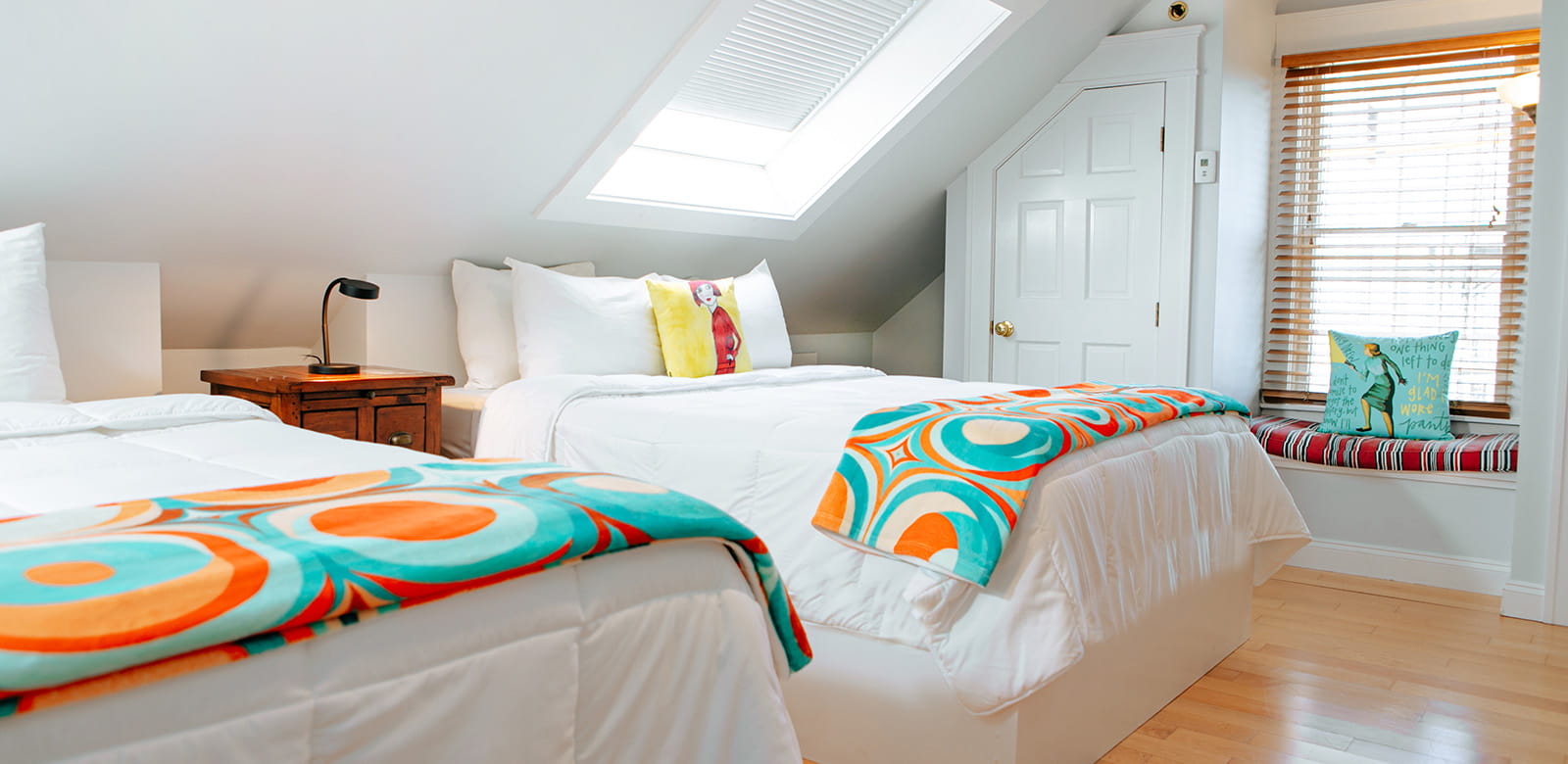 View of Agatha Christie's two queen size bed and reading corner