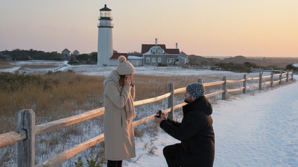 A man kneels to propose to his girlfriend outside of a snow covered Race Point Beach Lighthouse in Provincetown