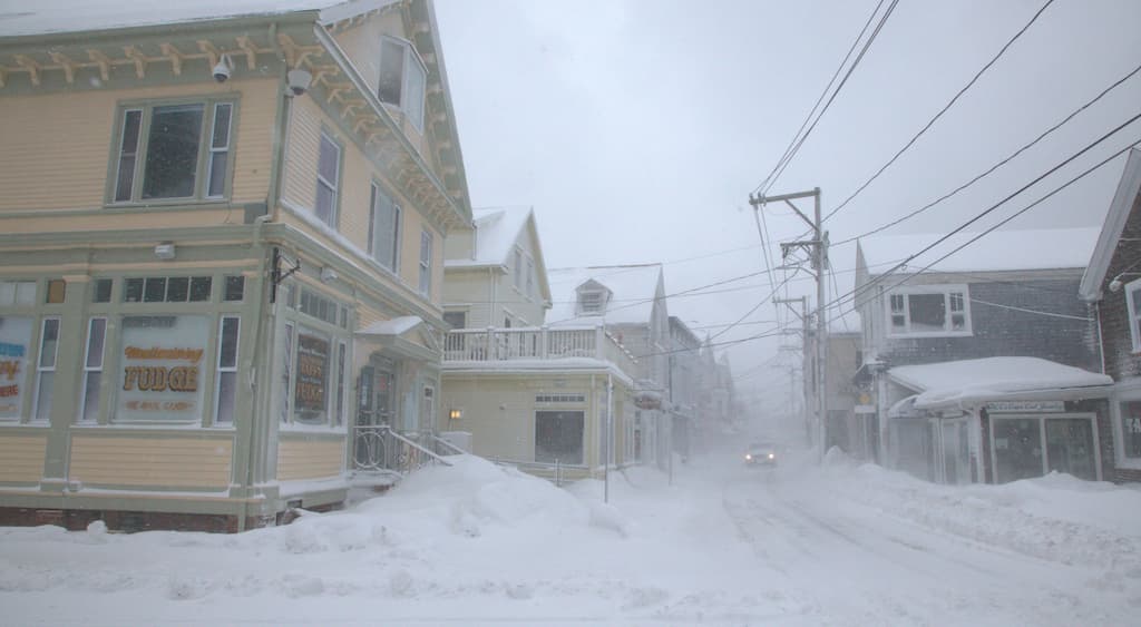 The streets of Provincetown covered in heavy snow