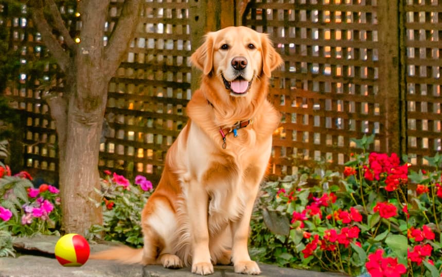 Golden retriever in the garden at Gabriel's, a Provincetown Hotel, pet-friendly boutique inn
